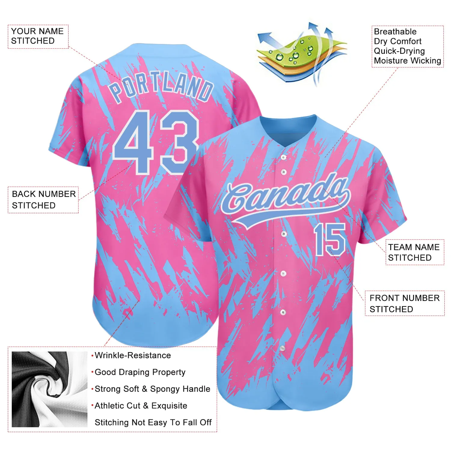 Custom Pink Powder Blue-White 3D Pattern Design Authentic Baseball Jersey