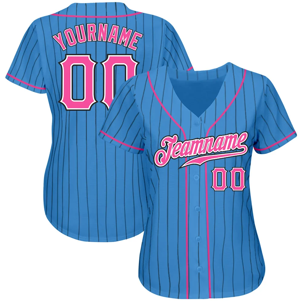 Custom Powder Blue Black Pinstripe Pink-White Authentic Baseball Jersey