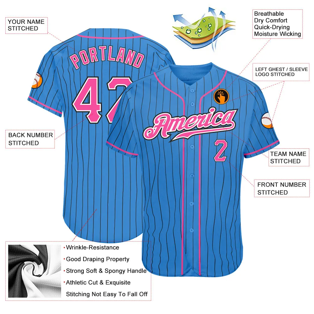 Custom Powder Blue Black Pinstripe Pink-White Authentic Baseball Jersey