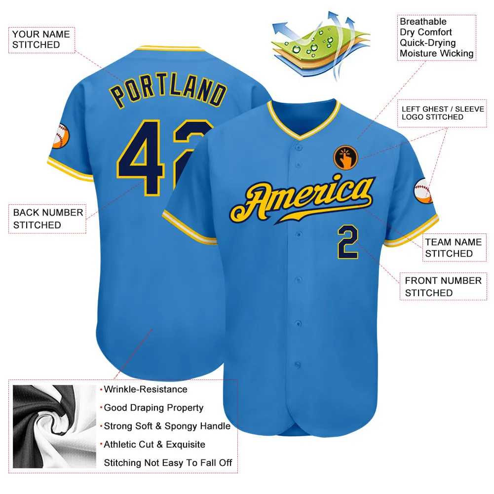 Custom Powder Blue Navy Gold-White Authentic Baseball Jersey