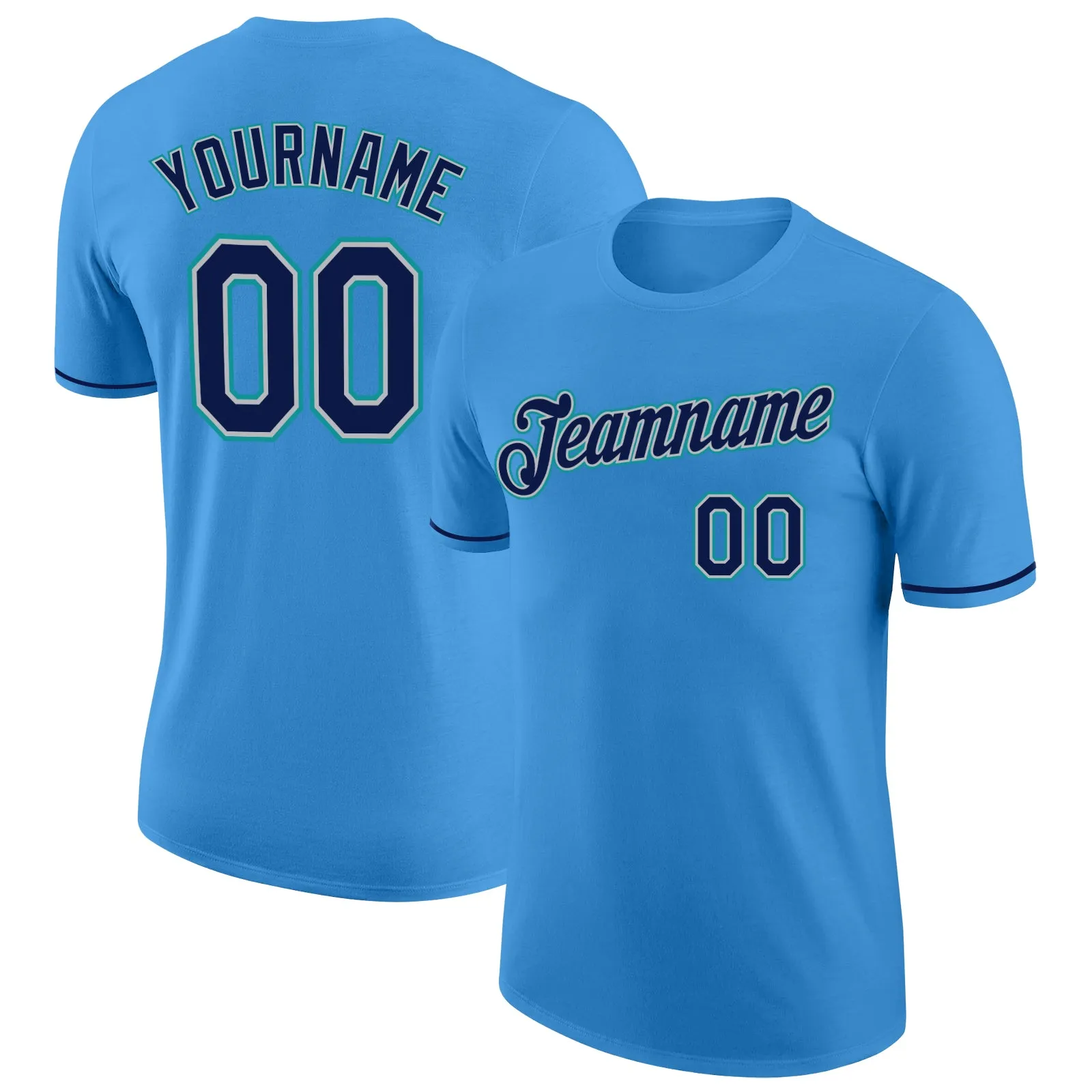 Custom Powder Blue Navy Gray-Teal Performance T-Shirt