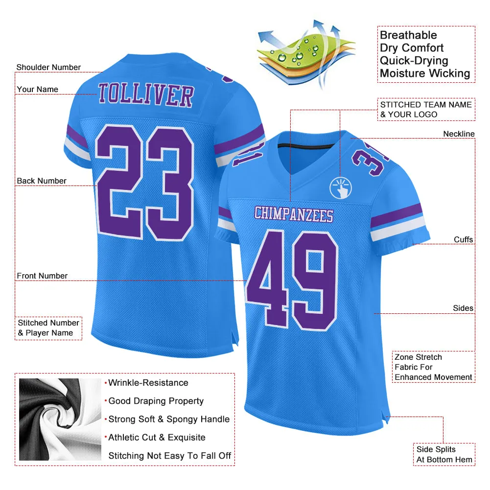 Custom Powder Blue Purple-White Mesh Authentic Football Jersey