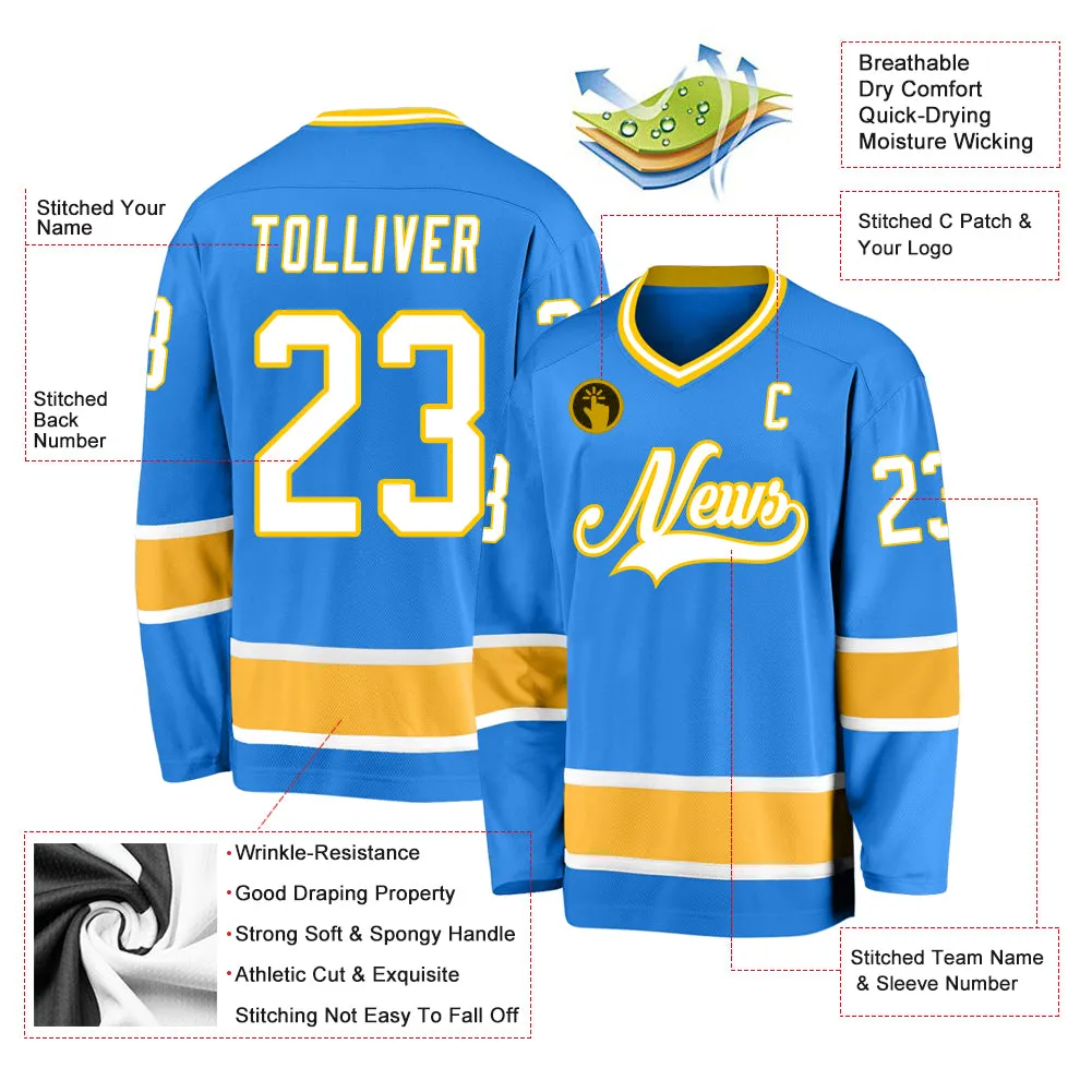 Custom Powder Blue White-Gold Hockey Jersey