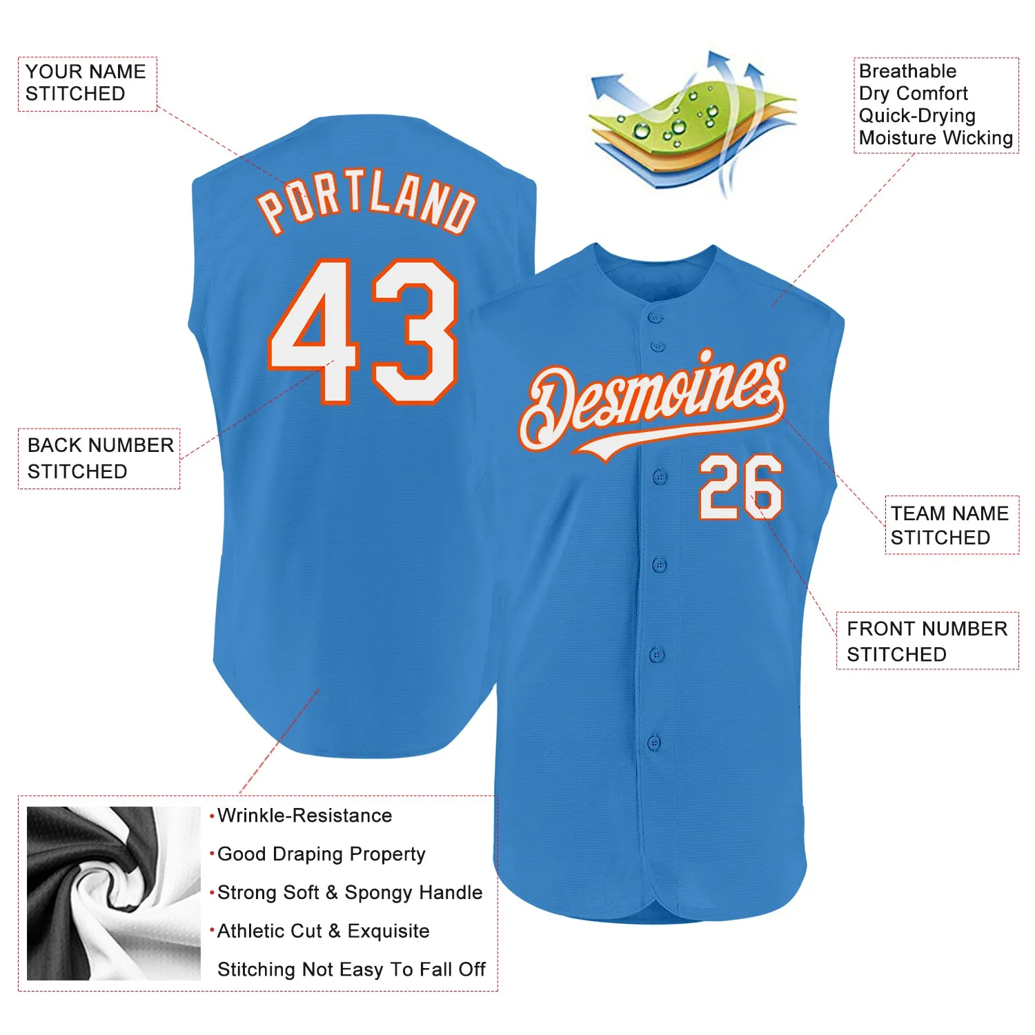 Custom Powder Blue White-Orange Authentic Sleeveless Baseball Jersey