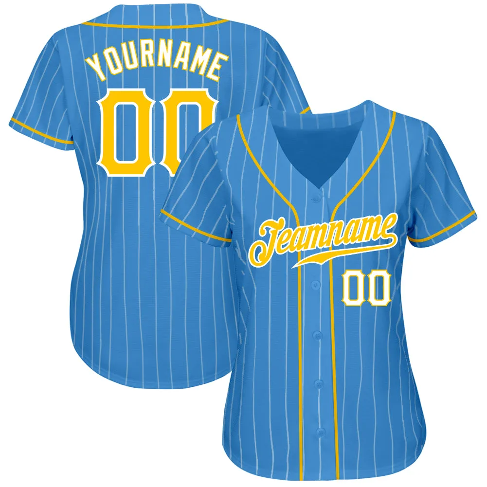 Custom Powder Blue White Pinstripe Gold-White Authentic Baseball Jersey