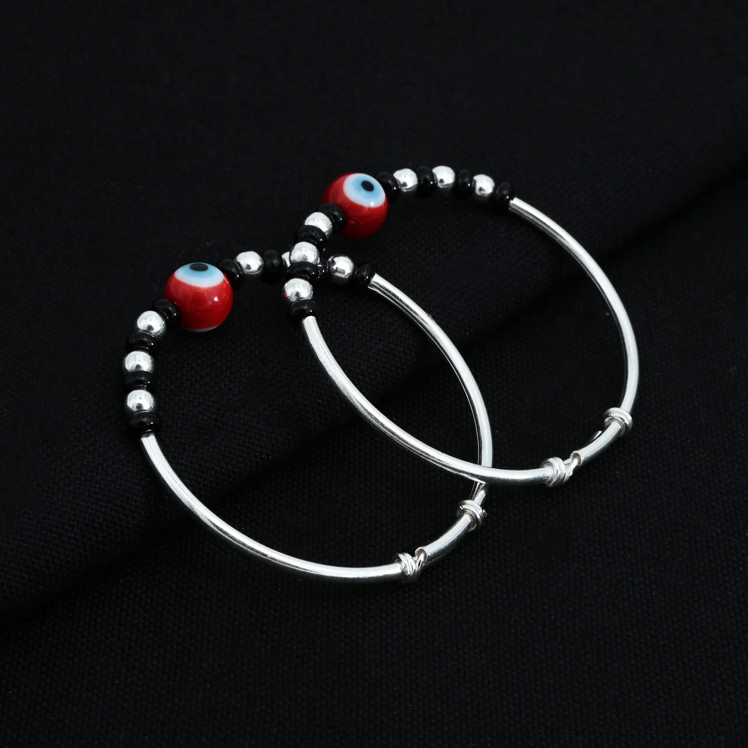 Silver Black Beads Evil Eye Baby Kada