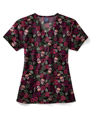 Zoe Chloe Performance Women's V-Neck Print Scrub Top in Sugar Skull Roses